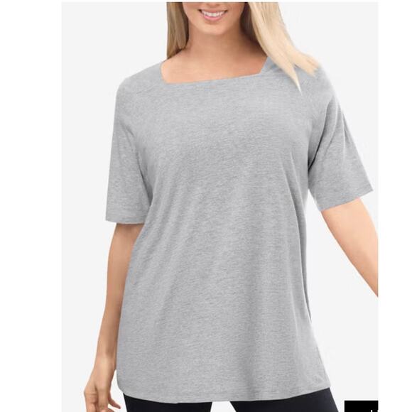 Woman Within Perfect Elbow-Sleeve Square-Neck Tee Cream cotton lightweight 4X - Picture 3 of 8